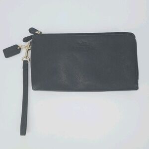 COACH Double Zip Wristlet Wallet Clutch Navy Blue Pebbled Leather Gold F53561